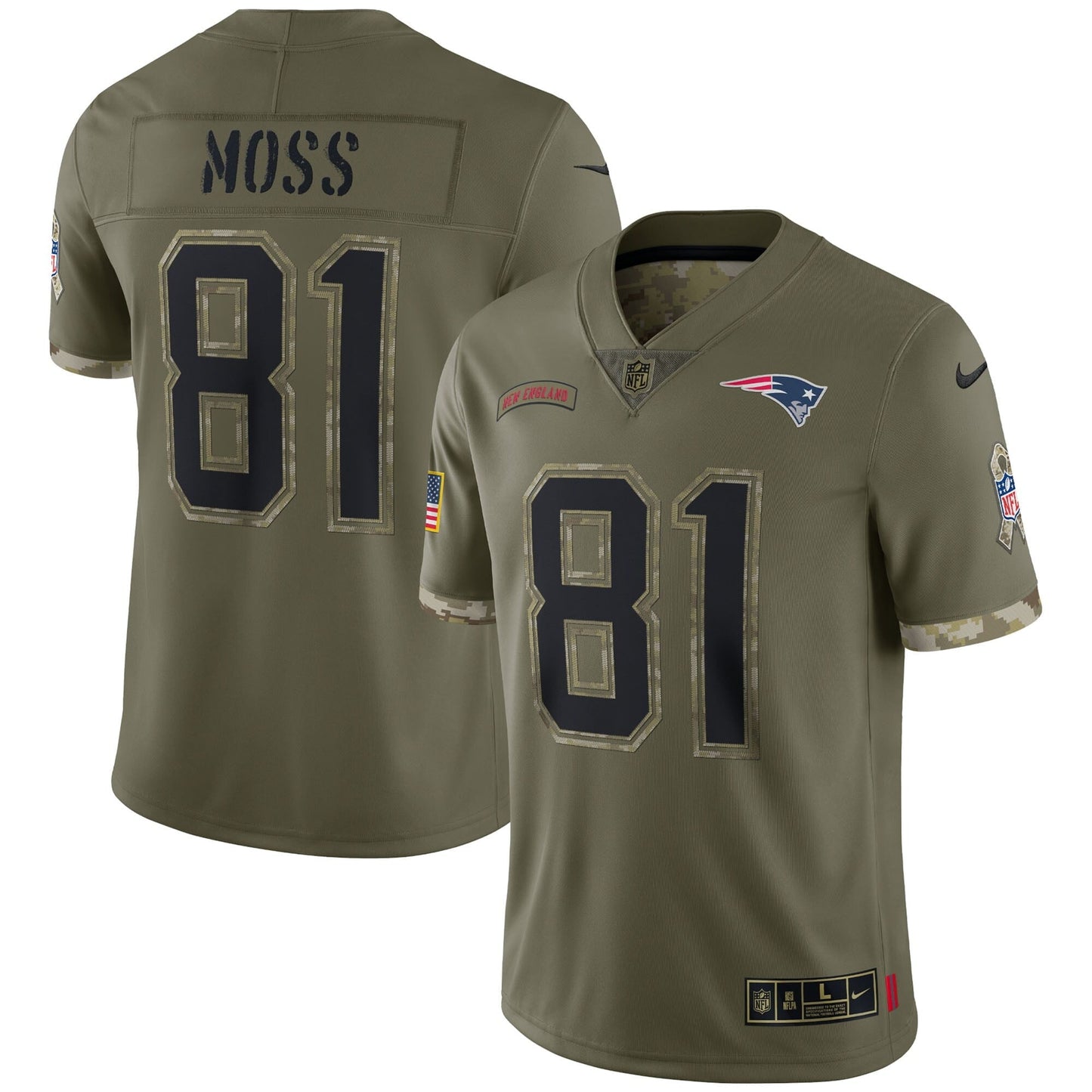 Men's Nike Randy Moss Olive New England Patriots 2022 Salute To Service Retired Player Limited Jersey